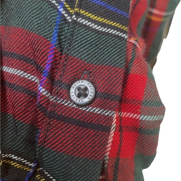 LAUREN RALPH LAUREN Womens Plaid Shirt Medium Petite Button up Crest Blouse Long - Picture 9 of 11